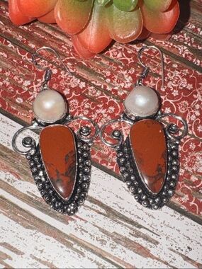Silver Red Jasper & Pearl Earrings